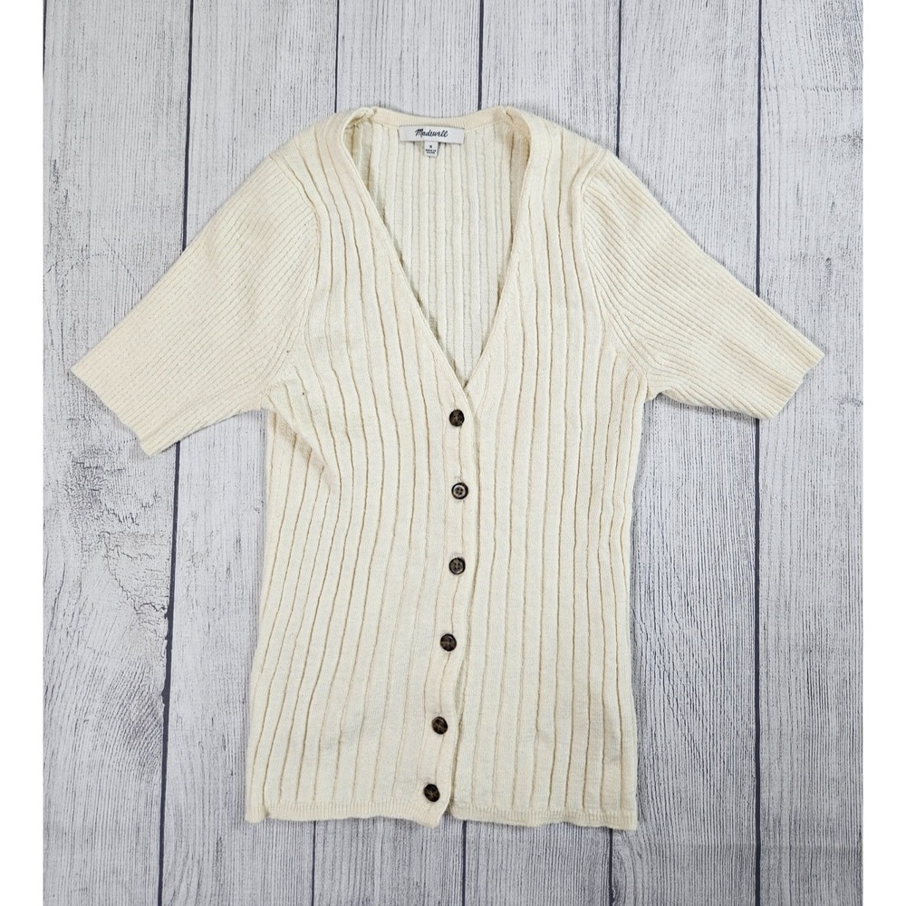 Madewell Cardigan Womens Small Ivory Cotton Ribbed Button Front Short Sleeve